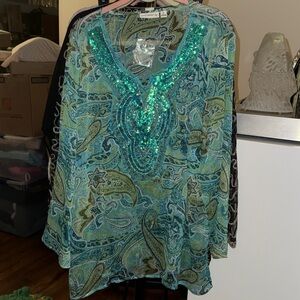 Susan Graver Teal Paisley Sequin Tunic sheer XL BRAND NEW